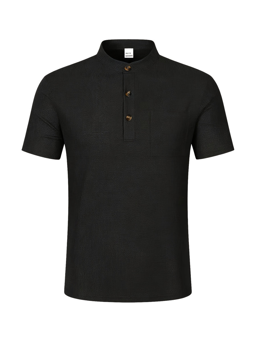 Men's Solid Color Patchwork T-Shirt, Simple and Elegant with a Vintage Button Design, Comfortable to Wear. Suitable for Spring, Summer, Home, Outings, and Travel Occasions, Showcasing a New Casual and Business Style - Black