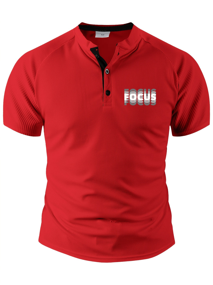 Men's Summer Collarless Casual Henley Shirt. Comfortable, Soft, and Breathable Fitness Business Fashion Polo Shirt - Red