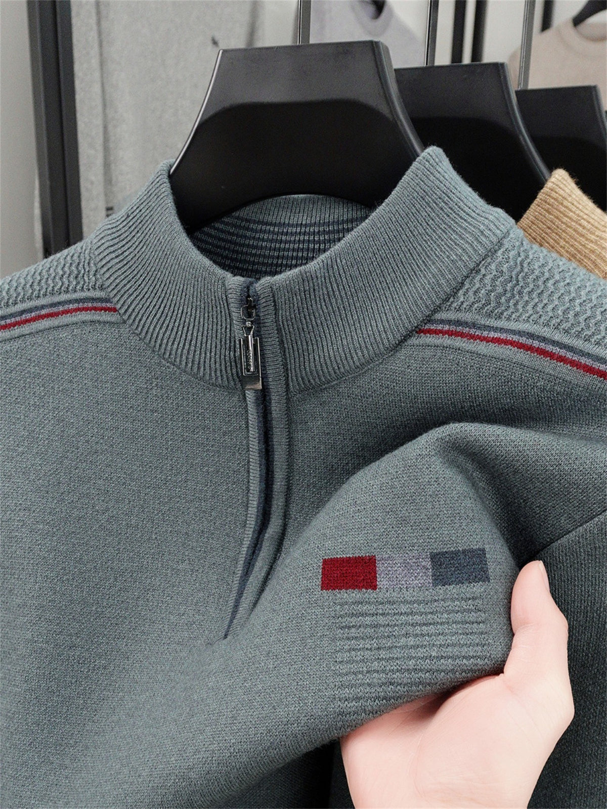 ZBZP Autumn Winter Knit 3D Solid Half-Zip Stand Collar Sweater, Basic Knit Pullover Top for Men, Fashionable Long Sleeve Sweater ZM - Pea Green Color