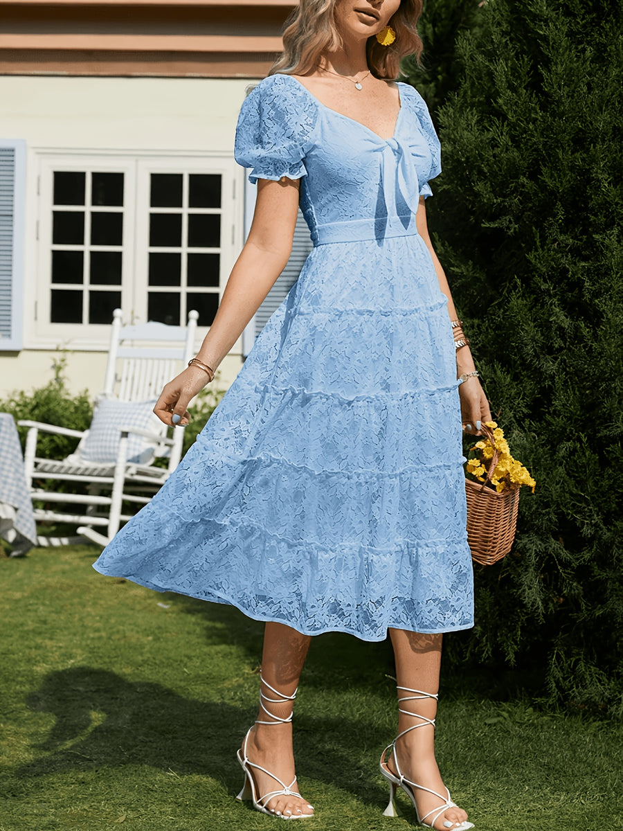 SOLLINARRY Women's Lace Dress with Sweetheart Neckline & Puffed Sleeves - Cinched Waist Midi Cake Skirt Evening Gown, Fitted Wedding Guest Dress Suitable for Parties, Prom, Special Occasions - Sky Blue