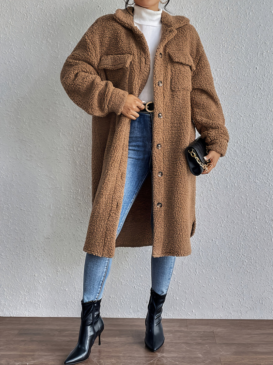 French Style Drop Shoulder Lapel Detail Plush Long Coat Women'S Solid Color Warm Trench Coat - Khaki