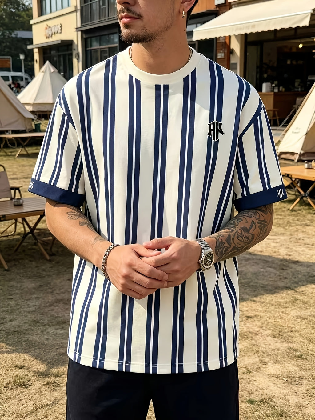 Men's Casual Sport T-Shirt, Navy Blue and White Vertical Stripe with NY Embroidered Logo Print Design, Fashionable Thin and Breathable Tee, Machine Washable Casual Short-Sleeve Top, Suitable for Daily Commuting/Outdoor Sports/Game Training/Vacation - Mixed colors