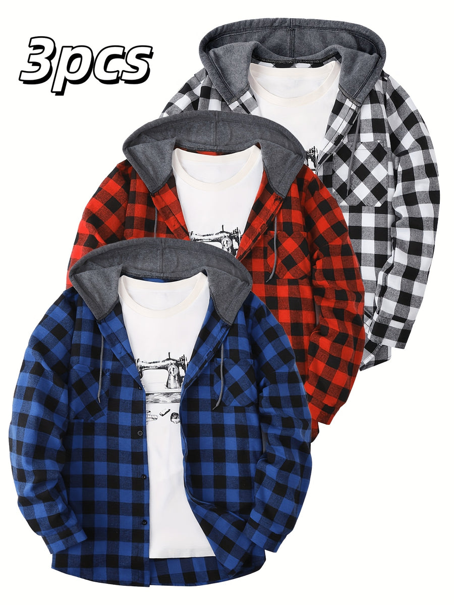 3pcs Men's New York Fashion Trendy Plaid Shirt Hooded Plaid Sweatshirt Flannel Hoodie - blue+red+white