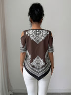 Women's Elegant Asymmetrical Hem Blouse Top - Short Sleeve Round Neck Church Shirt with Asymmetrical Hemline, Black & White Print Suitable for Commuting, Church Events, Casual Outfits, Spring Summer Fall Wardrobe Essential - Brown