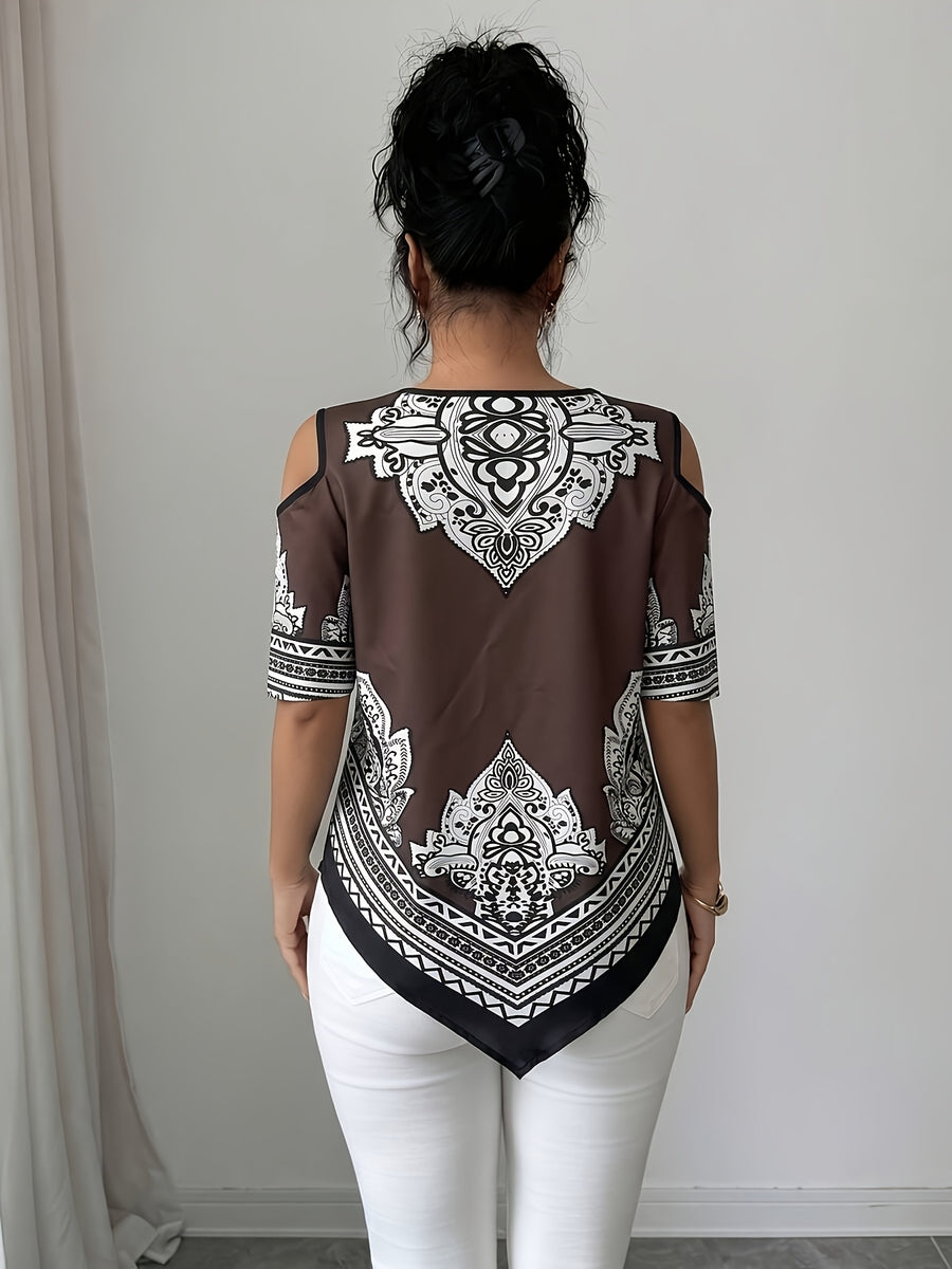 Women's Elegant Asymmetrical Hem Blouse Top - Short Sleeve Round Neck Church Shirt with Asymmetrical Hemline, Black & White Print Suitable for Commuting, Church Events, Casual Outfits, Spring Summer Fall Wardrobe Essential - Brown