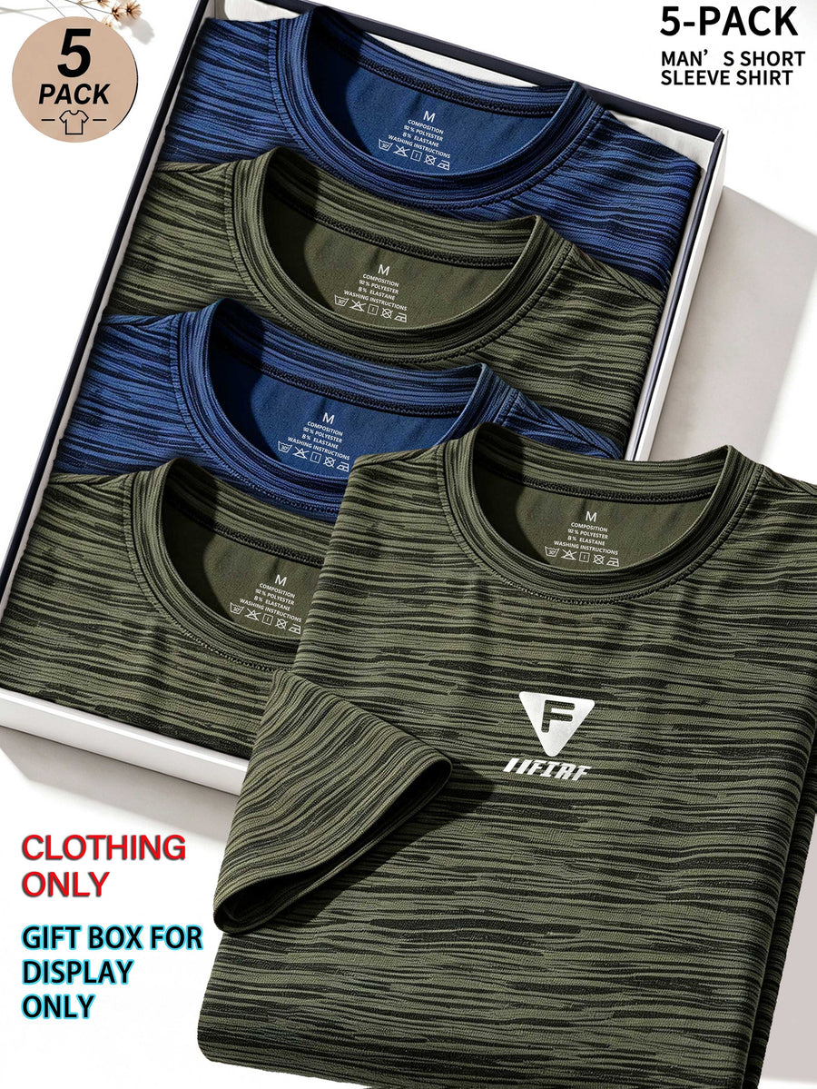 5pcs Men's Sports & Fitness Breathable Quick-Dry T-Shirts, Outdoor Travel Casual Running Printed Short-Sleeve Tees, Easy to Clean and Maintain, Lightweight T-Shirts for Daily Leisure and Gatherings, Classic Crew Neck Shirts - Army Green + Dark Blue + Army Green + Dark Blue + Army Green