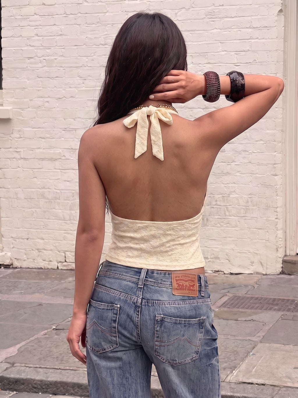Women'S Floral Jacquard Halter Top, Deep V Tie-Neck Style, All-Over 3D Small Flower Jacquard Texture, Short Crop Waist-Exposing Cut, Relaxed Bright Atmosphere Outfit - 【Light Yellow】