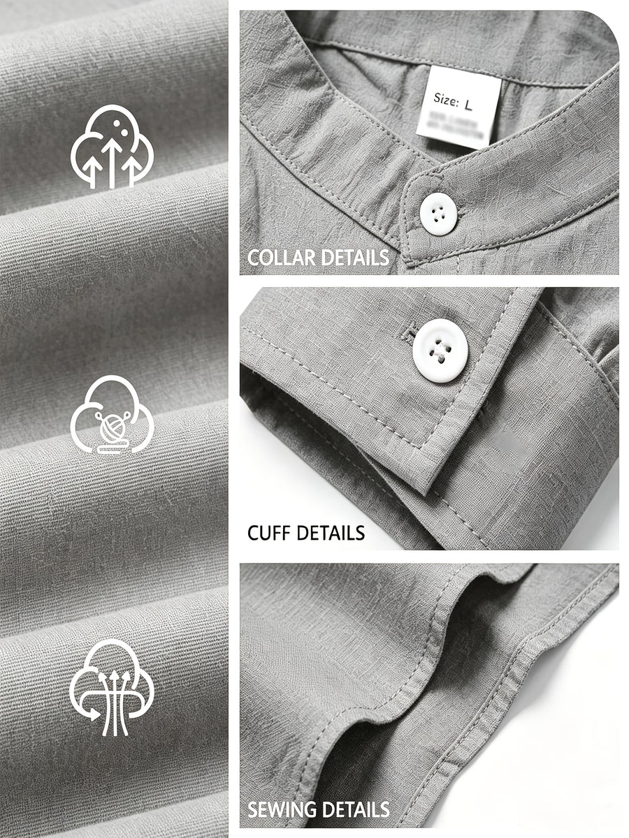 Men's Linen Shirt. Small Stand-up Collar Button- Shirt, Men's Casual Long-sleeve Shirt, Essential for Autumn and Winter, Simple and Versatile - Silvery Grey