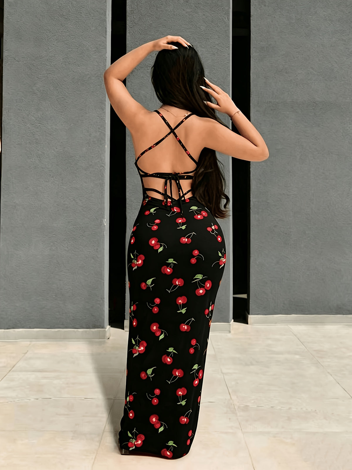Women's Cherry Print Bodycon Long Camisole Dress, Backless Cross-Strap Long Dress, Summer Slim Fit Dress Suitable for Vacation, Beach, and Parties - Mixed colors