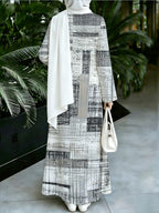 1pc 2D Flat Geometric Color Block Stripes Muslim Dress Women'S Loose-Fitting Long-Sleeved Printed Robe - Daily Commuting & Home Wear - Eid Festival Attire Abayas - Granny Gray
