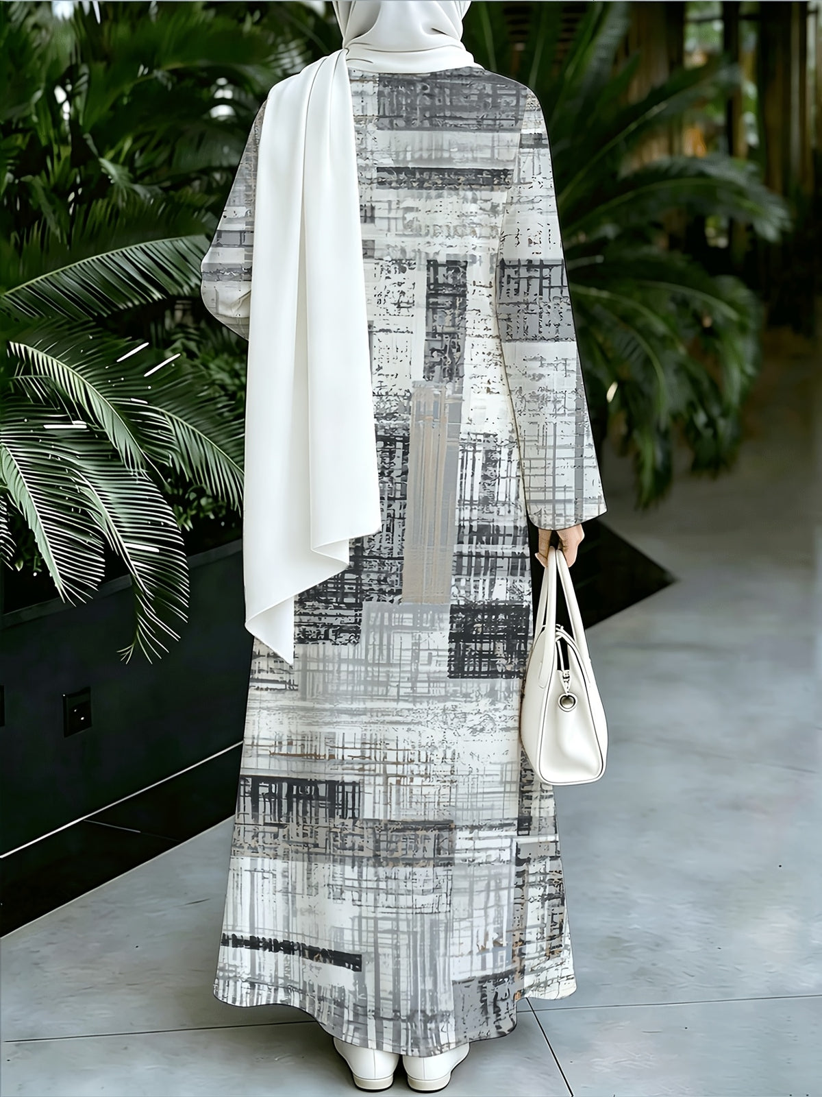 1pc 2D Flat Geometric Color Block Stripes Muslim Dress Women'S Loose-Fitting Long-Sleeved Printed Robe - Daily Commuting & Home Wear - Eid Festival Attire Abayas - Granny Gray