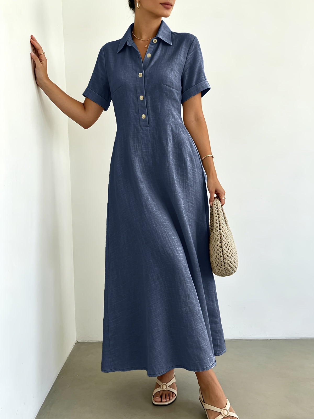 Women's Blended Fabric Shirt Dress with Lapel Collar, Half-Button Short Sleeves, A-Line Midi Length, Summer Casual Light Business Commuter Dress - Navy Color