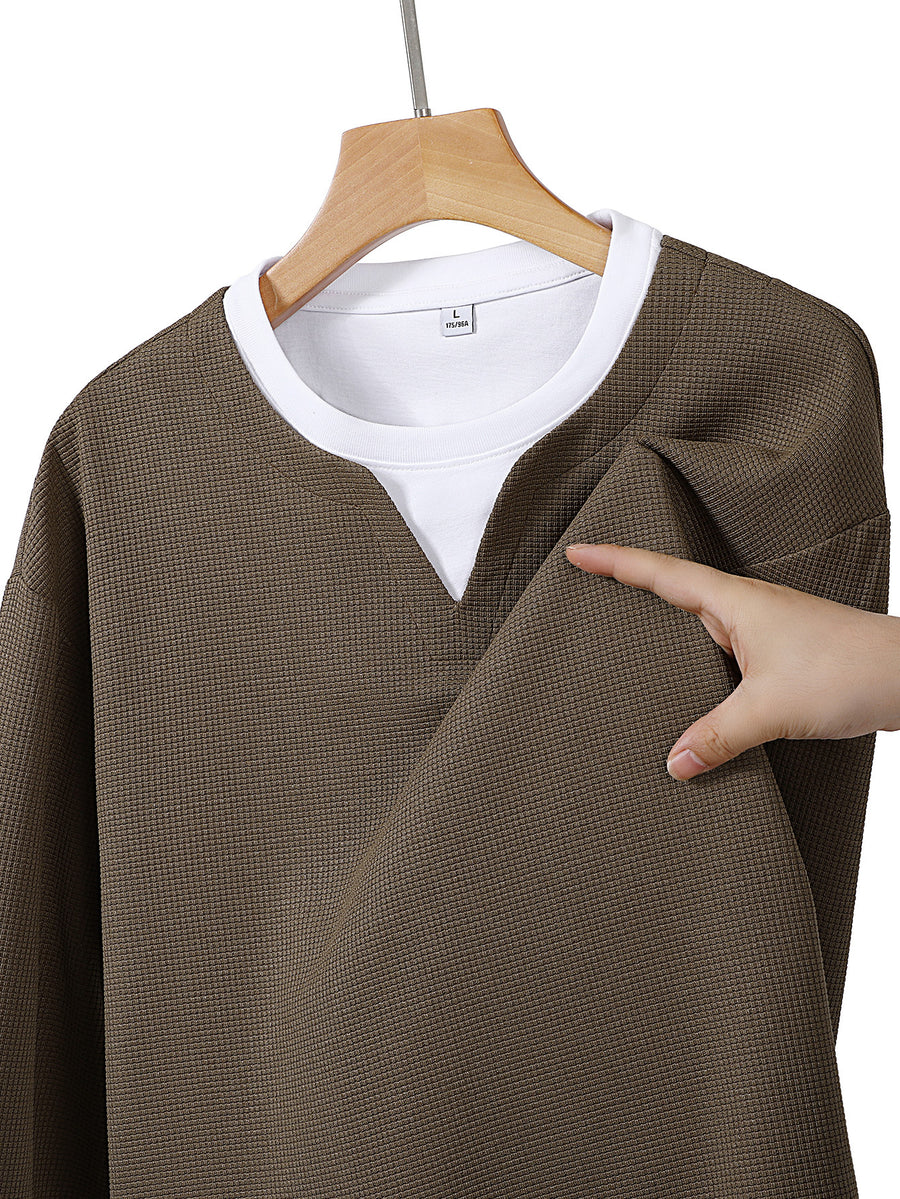 JEEP Men'S Printed Waffle Knit Long Sleeve T-Shirt for Spring And Autumn - Coffee