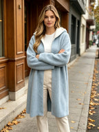 Women's Open-front Hooded Jacket, Light Blue Mid-length Cardigan Jacket with Lining, Loose-fitting Soft and Warm Plush Outerwear, Suitable for Daily Streetwear in Autumn and Winter - Sky Blue