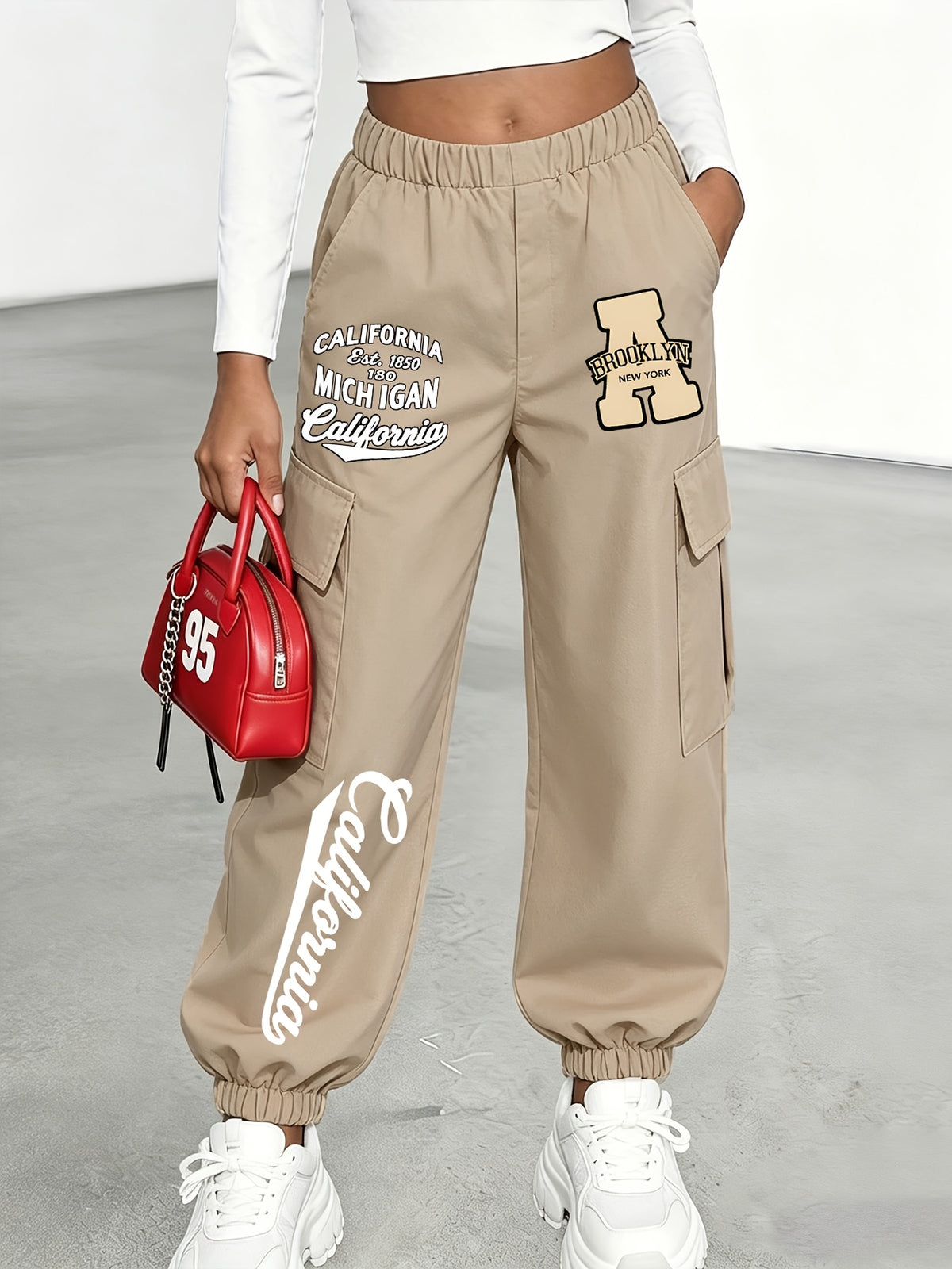New Arrival - Women'S Long Pants (Single Piece), Cute And Fun Pattern Letter Print Cargo Pants, Multi-Pocket Design, Digital Cartoon Pattern, Cargo Style, Fashionable for Ages 18-25, Machine Washable, Durable Fabric - Perfect for Spring Summer - Khaki