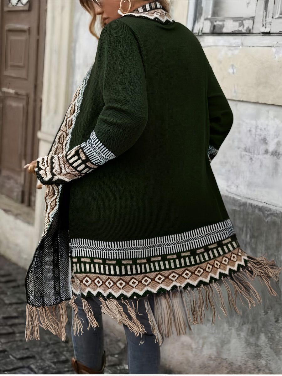 25th Anniversary Sweater Holiday Style New Arrival, Four Seasons Versatile Women's Clothing, Contrast Color Geometric Pattern with Hem Tassel Design, Long Elegant Long Sleeve Cardigan Coat - Dark Green