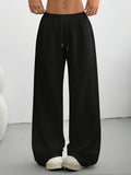 DW260528005 Spring/Summer Casual Solid Color Drawstring Waist Wide-Leg Pants, Suitable for Casual Daily Wear and Vacation - Black