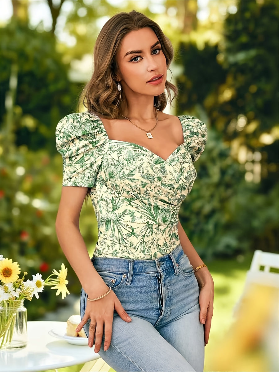 Elegant, Exquisite And Fashionable Floral Print Square Neck Puff Short-Sleeve Top - Green