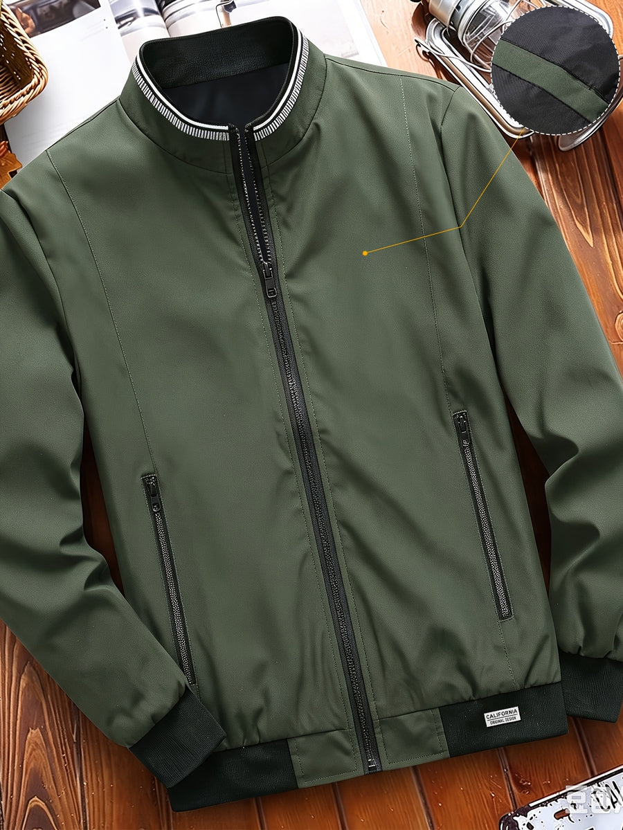 Spring/Autumn Men's Solid Color Stand Collar Jacket, Simple and Versatile Baseball Jacket for Middle-Aged and Young Men, Daily Commuting and Casual Outerwear - Military Green