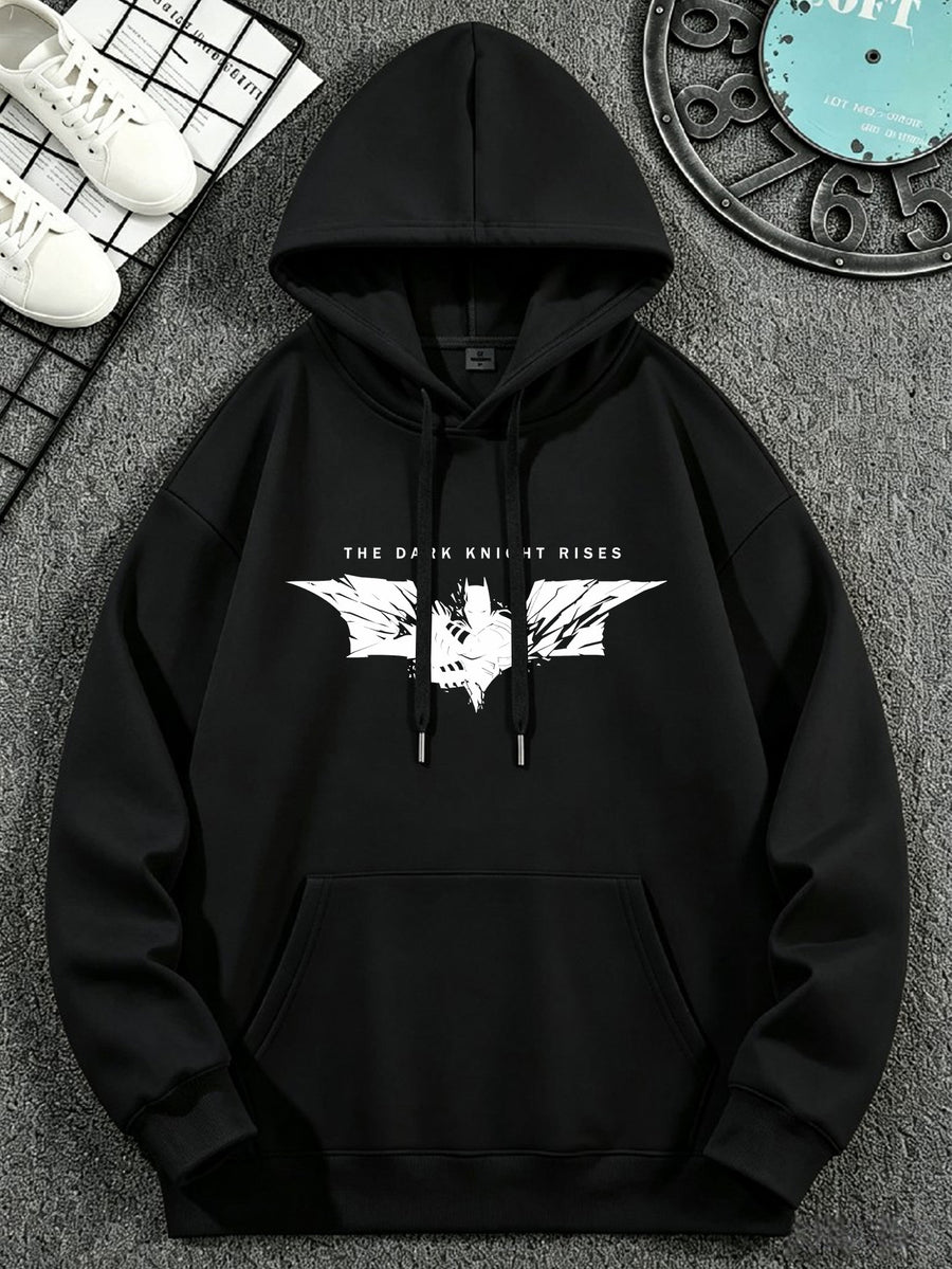 Warner Bros. DC Authorized 'THE DARK KNIGHT RISES' Shattered Bat Logo Print Superhero Casual Hooded Sweatshirt - Black