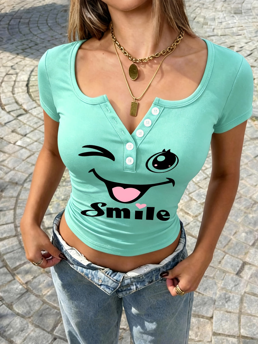 Artistic Smiling Face Pattern, Women'S Hot Outfit with Sexy Design And Buttons, Non-V-Neck Women'S T-Shirt, Suitable for All Four Seasons, Revealing Y20K/Casual/Sports/Commuting/Fashionable/Elegant, Comfortable And Breathable Gift - Cyan