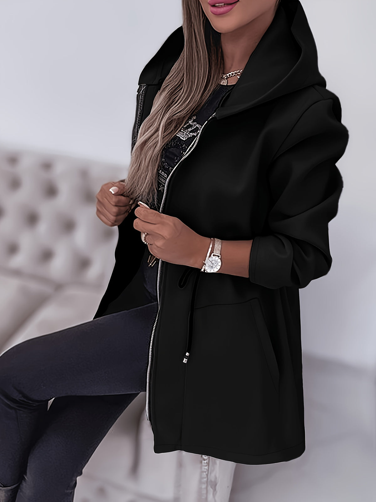 Pocket Zipper Design Drawstring Hooded Coat - Black