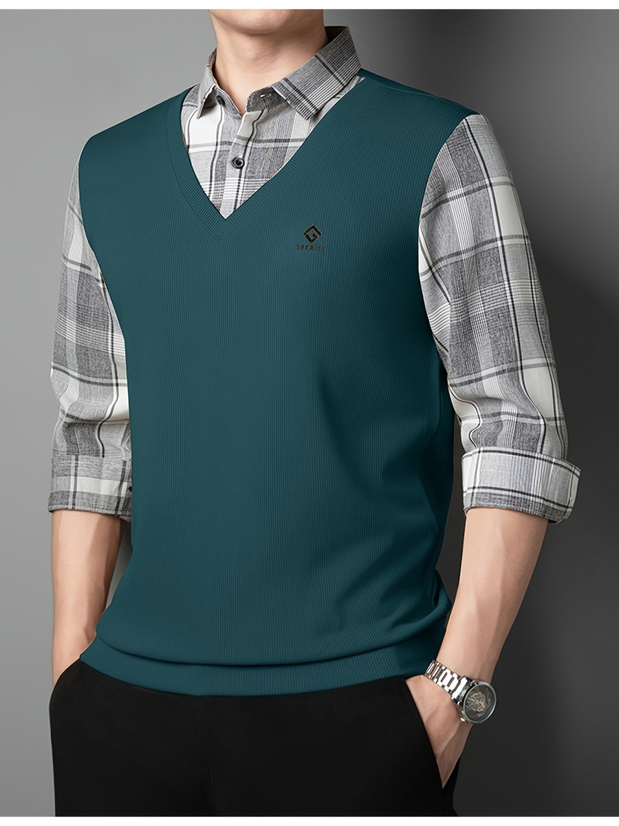 Men's 2-in-1 Look Long Sleeve Golf Polo Shirt, V-Neck Mock Vest Pullover, with Exquisite Logo on the Chest, Gray Plaid Shirt Collar and Cuffs, Breathable and Comfortable Polyester Top, Suitable for Adult Men's Weekend Gatherings, Outdoor Walks - Dark Green