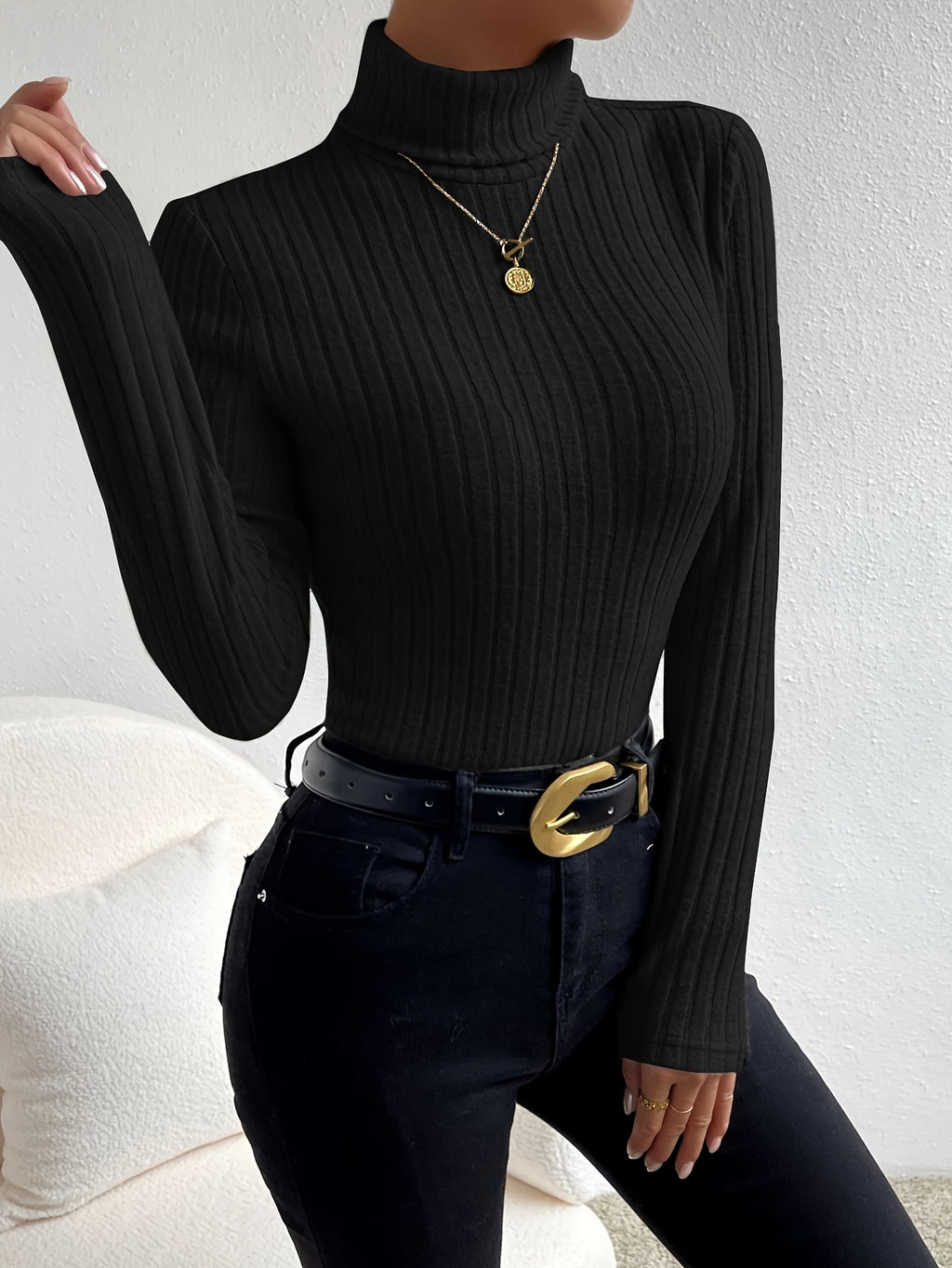 Solid Color Ribbed High-Neck Long-Sleeve Fitted T-Shirt - Black