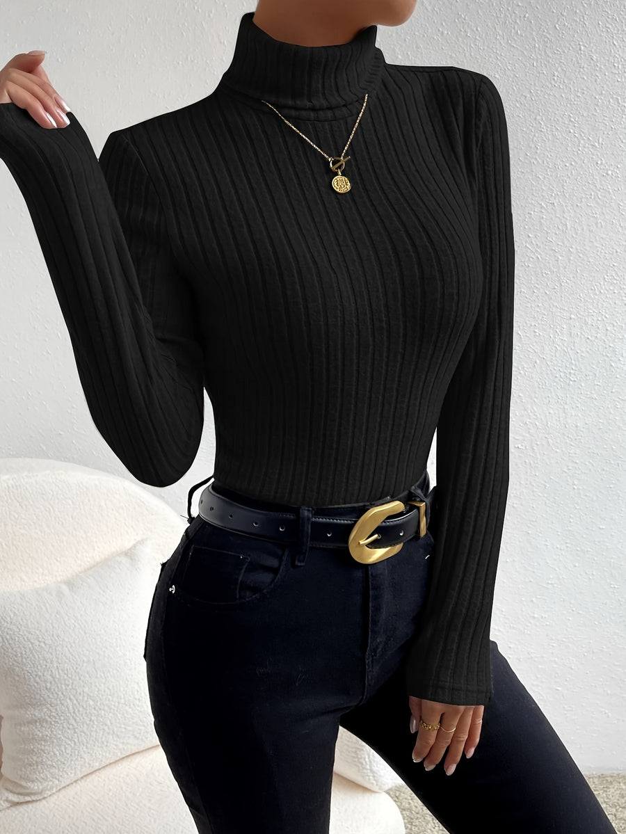Solid Color Ribbed High-Neck Long-Sleeve Fitted T-Shirt - Black