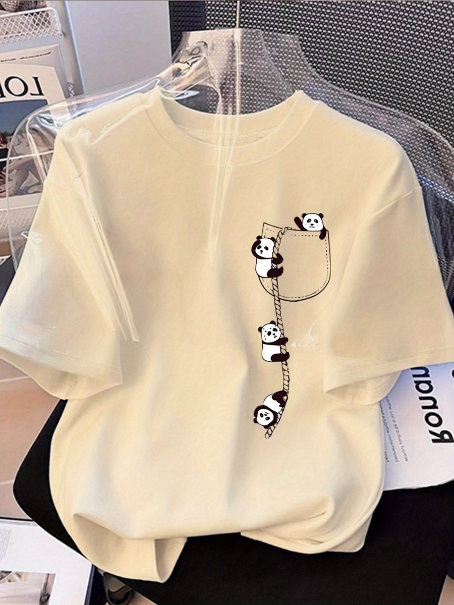 Letter Print T-shirt, Short Sleeve Crew Neck Casual Top for Summer & Spring, Women's Clothing - Apricot