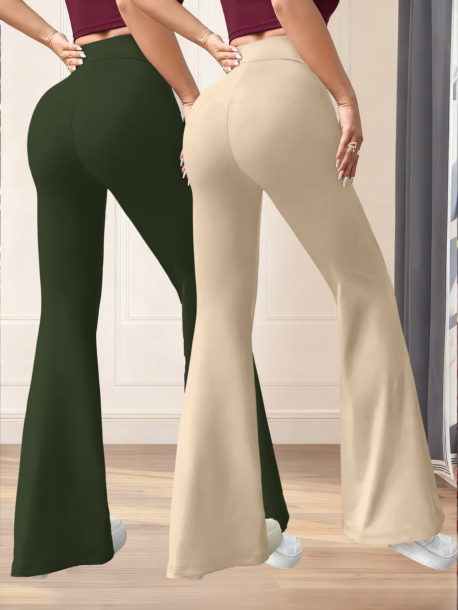 New Autumn Women's Clothing from Europe and America, NEW YORK & BROOKLYN Letter Print, Daily Casual Wear, Two-Pack of Comfortable Slim-Fit Stretch Tapered Straight-Leg Pants with Drawstring Waistband - Army Green + Apricot