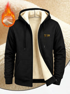 ICON Pattern Print, Men's Thickened -lined Zip-up Hooded Jacket, Versatile Warm -lined Outerwear for Daily Home and Outing Wear - Black