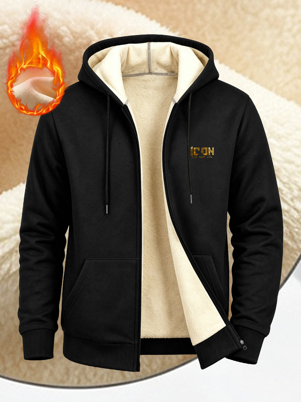 ICON Pattern Print, Men's Thickened -lined Zip-up Hooded Jacket, Versatile Warm -lined Outerwear for Daily Home and Outing Wear - Black