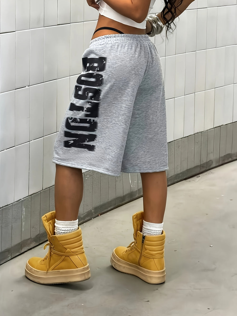 Women's Punk Style Loose-Fit Knee-Length Pants with Lettering Print & Contrast Color - Edgy Suitable for Spring Summer Fall Casual Wear, Machine Washable Non- Trousers for, Office, Everyday Outfits - Light Grey