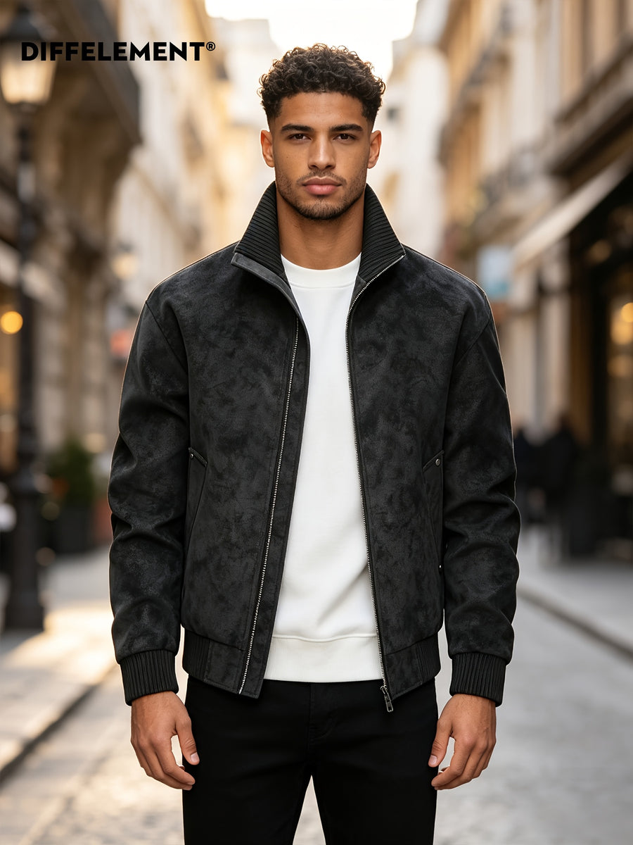 Men's Stand Collar Jacket, Windproof, Warm, Versatile, and Wear-Resistant, with Textured Finish and Precision Stitching. Loose-Fit Short Baseball Jacket Style for Daily Commuting, Streetwear, and Autumn/Winter Casual Wear. Features Ribbed Cuffs - Black