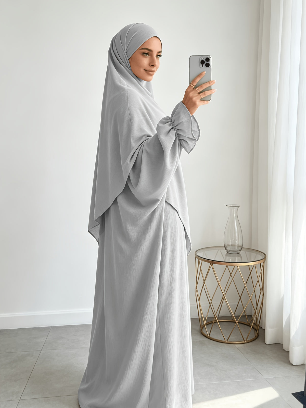 A Khimar + Abaya Prayer Jilbab Suit, a Fashionable and Elegant Vacation Set Featuring a Pure-color, Simple Single-layer Headscarf and a Light, Breathable, Comfortable Horn-sleeve Loose Dress. This Women's Abaya Combination Set Is Ideal for Muslim - Light Grey