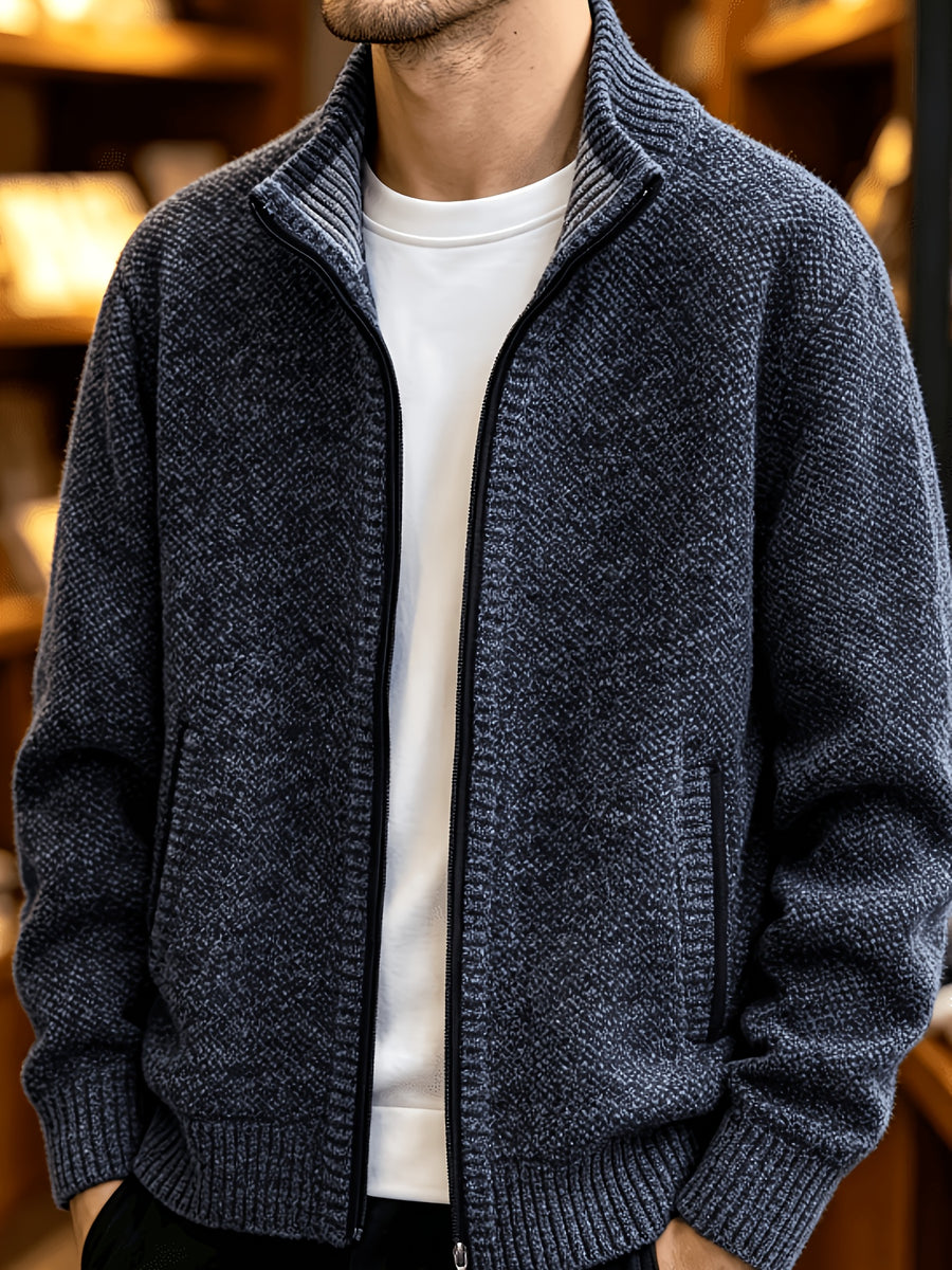A Single Men's Thick Knitted Sweater Jacket, Made of Soft and Plush Fabric to Keep Warm and Comfortable, Easy to Match for Daily Commuting and Leisure. (Includes Only One Jacket) - Navy Color