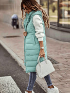 Women'S Stand-Up Collar Hooded Mid-Length Warm Quilted Vest Jacket, Double-Ended Zipper Design, Outer Placket Button Structure, Sleeveless Slim Fit, Lightweight And Comfortable, with Practical Pockets - Peacock Blue