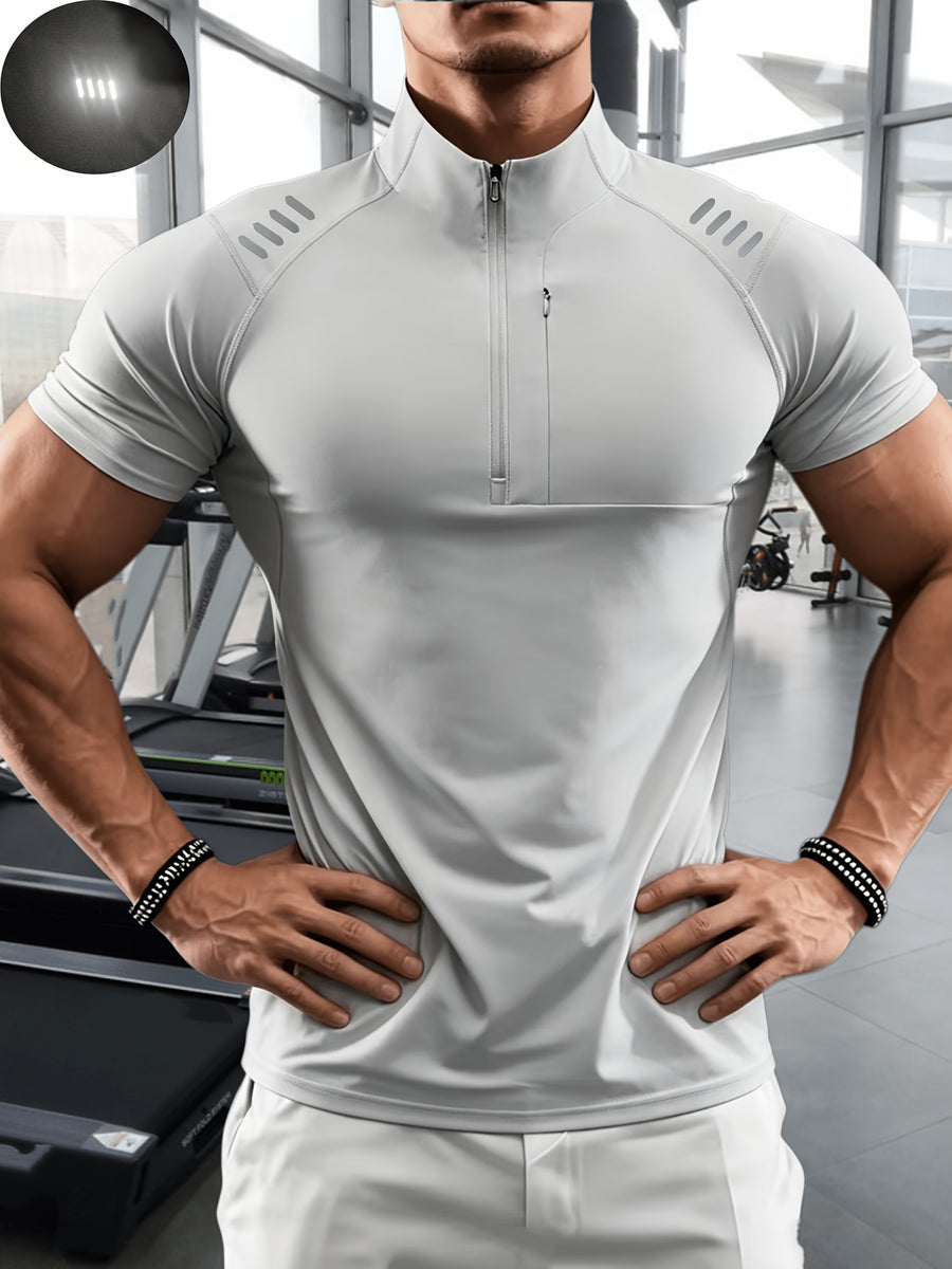 Men'S Muscular Fitness High-Elastic Training Quick-Dry Fitness Wear, Individual Print Patterns, Slim Fit Summer Casual Short Sleeve Shirt T-Shirt - Breathable Elastic Fabric, Stand-Up Collar Design with Open Chest Zipper - Light Grey