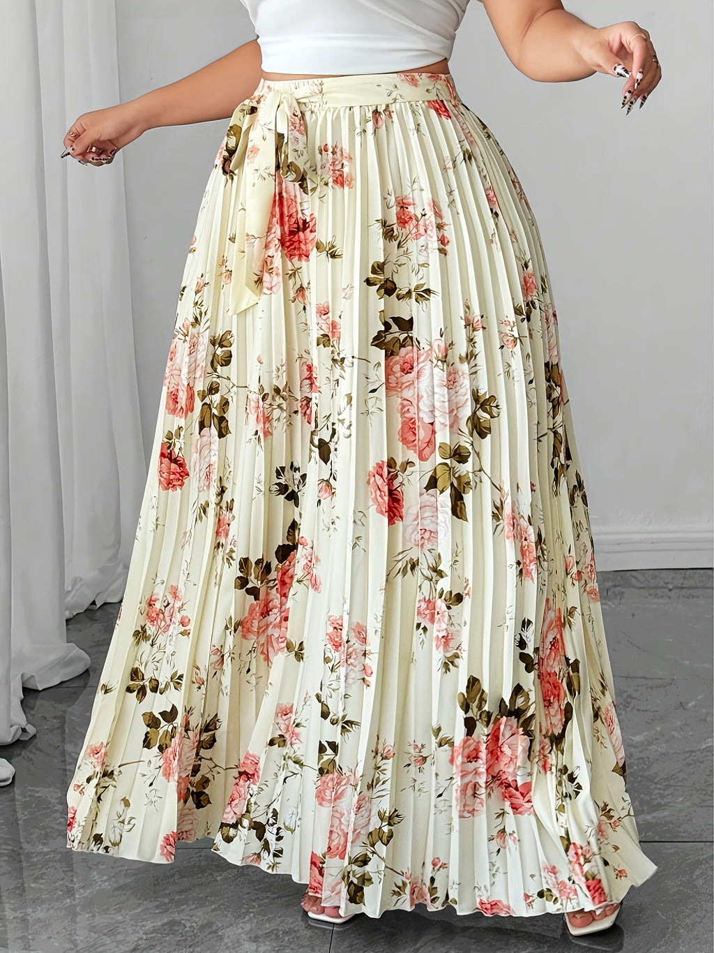 Elegant Printed Pleated Midi Skirt for Women, A-Line Silhouette with Vertical Ruffles, Formal & Casual Item Suitable for All Seasons, Suitable for Workplace, Parties, And Daily Occasions, Easy-Care Fashionable Bottoms - Multicolor