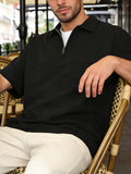 Summer Men'S Top, Solid Color Zipper Placket, Casual Lapel Polo Shirt - Black