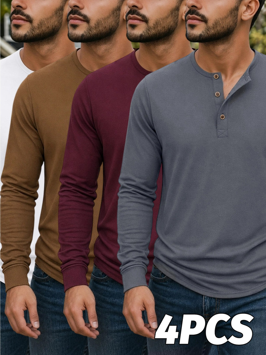 4pcs Set of Men's Spring, Autumn, and Winter Henley Neck Long-Sleeve T-Shirts, Breathable Vintage Casual Solid Color Half-Open Collar Tops, Comfortable and Versatile Base T-Shirts, Suitable for Daily Commuting, Light Business, Home, Sports - Dark Gray + Maroon + Brown + White