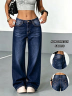 Women'S Dark Wash Flare Jeans, Stretch Denim Trousers, Vintage Casual Denim Pants for Daily Wear - Blue