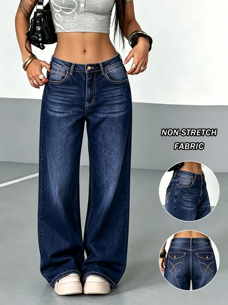 Women'S Dark Wash Flare Jeans, Stretch Denim Trousers, Vintage Casual Denim Pants for Daily Wear - Blue