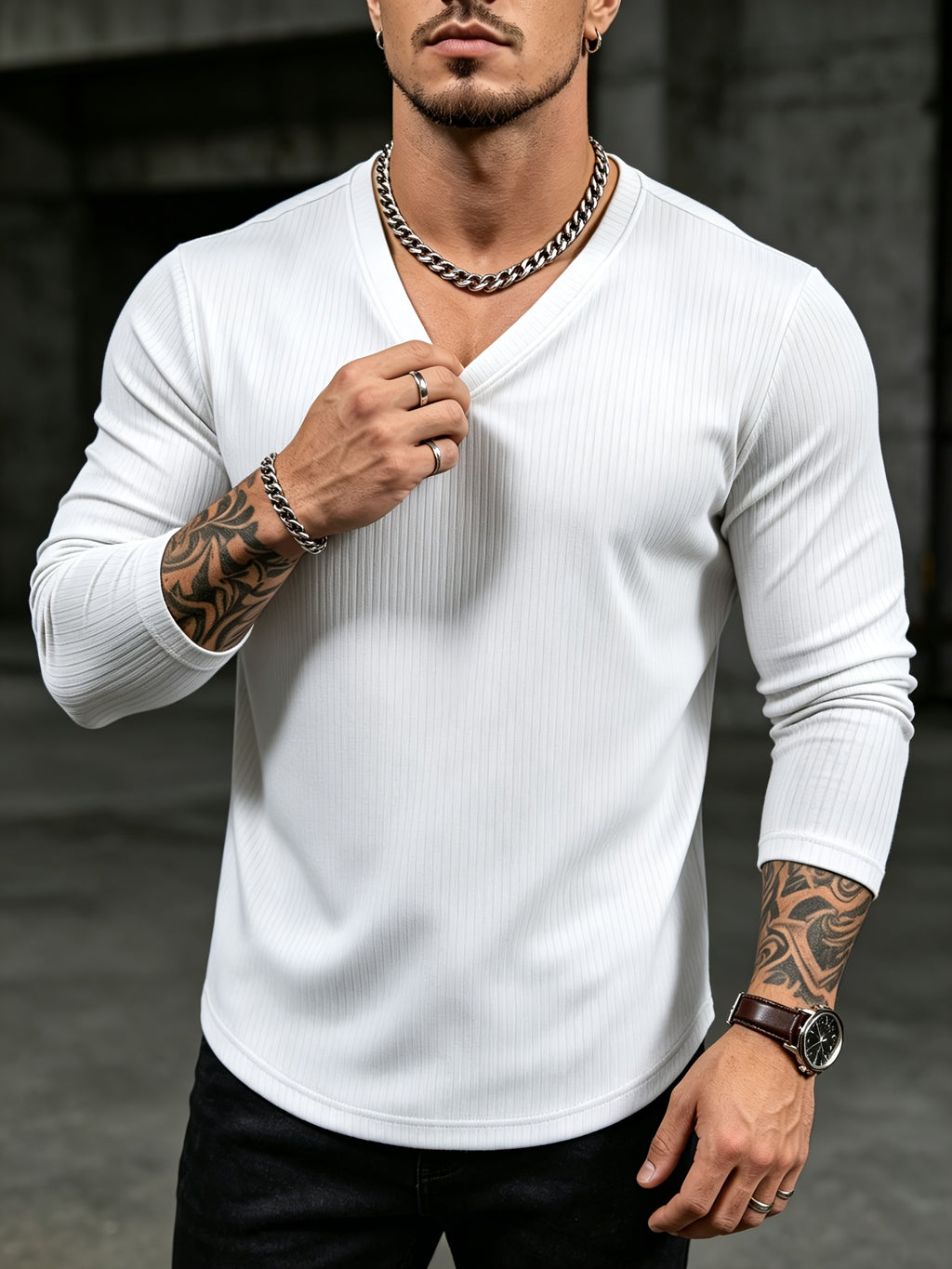 Mens V-Neck Long Sleeve Tshirt Ribbed Knit Stretch Slim Fit Casual Date Work Daily Fall Top - White