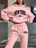 New York Print Women's Hooded Sweatshirt and Pants Set, Long Sleeve Casual Hoodie Set, Y and Casual Sweatshirt, Loose Fit, Machine Washable, All-Season Comfort, Daily Wear Apparel - Pink Color