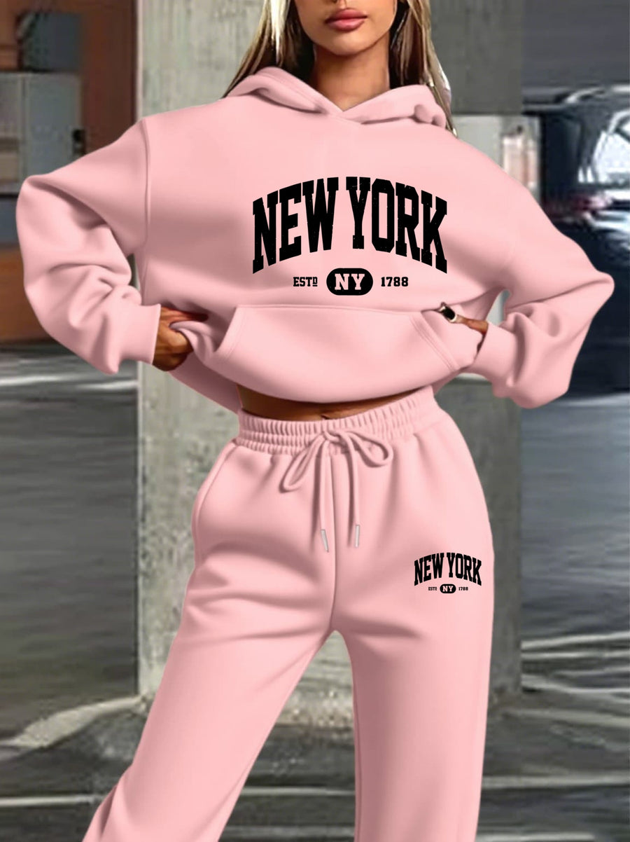 New York Print Women's Hooded Sweatshirt and Pants Set, Long Sleeve Casual Hoodie Set, Y and Casual Sweatshirt, Loose Fit, Machine Washable, All-Season Comfort, Daily Wear Apparel - Pink Color