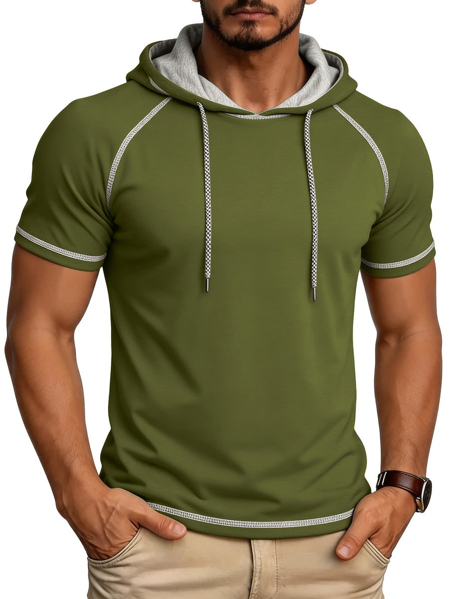 Summer Cross-Border Western Men'S Hooded Short-Sleeve T-Shirt, Color-Block Foreign Men'S Athletic Top - Military green