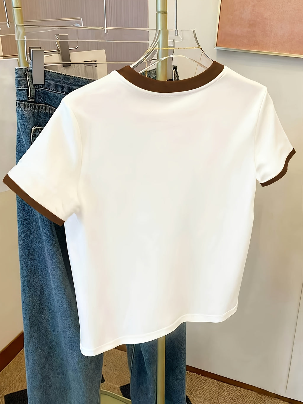 Women's Y2K Color Block Summer Short Sleeve T-Shirt - Breathable Round Neck Casual Top, Loose Fit with Red Heart Print Design for Daily Wear - Coffee Brown