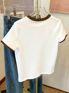 Women's Y2K Color Block Summer Short Sleeve T-Shirt - Breathable Round Neck Casual Top, Loose Fit with Red Heart Print Design for Daily Wear - Coffee Brown